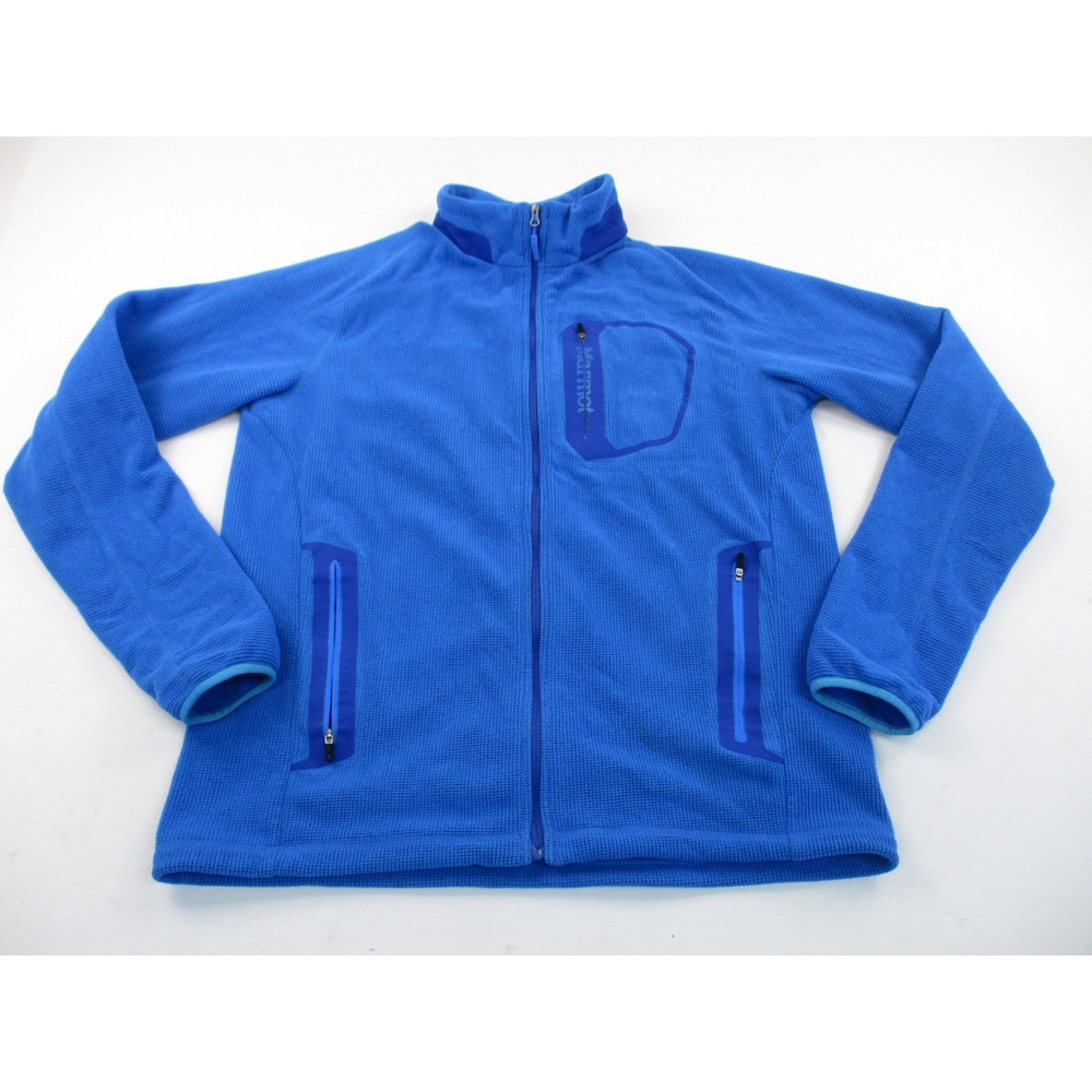 Marmot Fleece Jacket Men L Blue Waffle Knit Full Zip Grid Utility Pocket